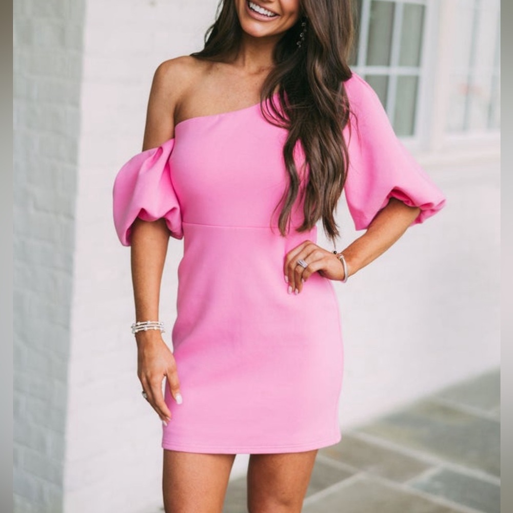 Pink One Shoulder Puff Sleeve Dress